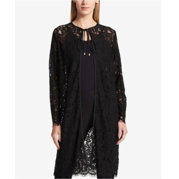 DKNY Women's Black Lace Tie-Neck Duster Jacket Swim Cover Up -  M/L  - Versatile - Picture 2 of 16